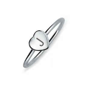 Simple ABC Heart Shape Monogram Initial Silver Ring Sterling A-Z Signet