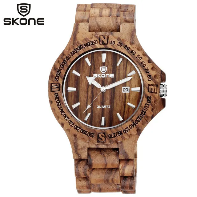 SKONE Men's Wood Watch Men Auto Date Quartz Maple Wooden Watch Fashion Casual Watches Ebony Wristwatches Montre Homme
