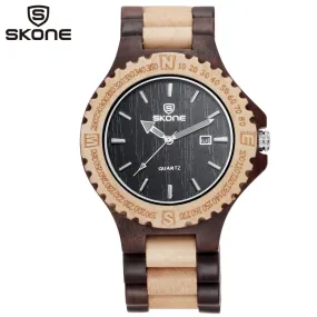 SKONE Men's Wood Watch Men Auto Date Quartz Maple Wooden Watch Fashion Casual Watches Ebony Wristwatches Montre Homme