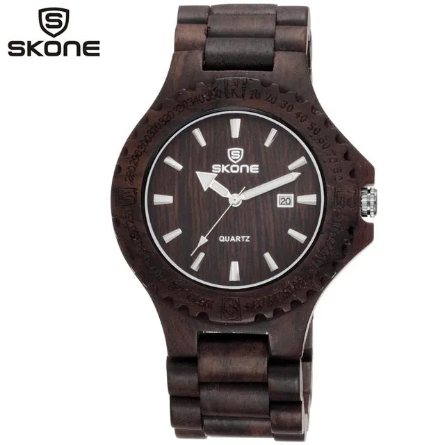 SKONE Men's Wood Watch Men Auto Date Quartz Maple Wooden Watch Fashion Casual Watches Ebony Wristwatches Montre Homme