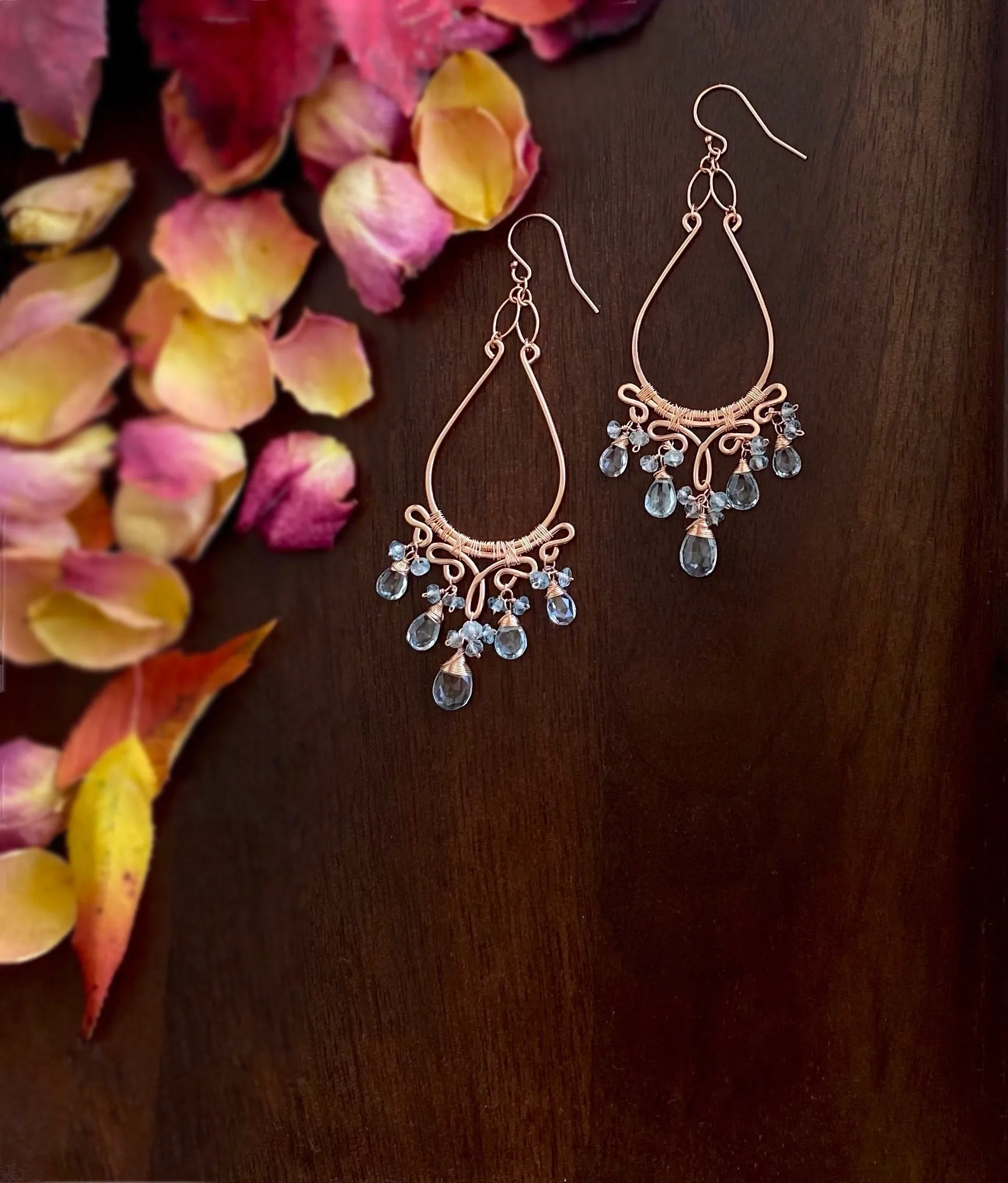 Soleil - Aquamarines, 14k Rose Gold Filled Chandelier Earrings