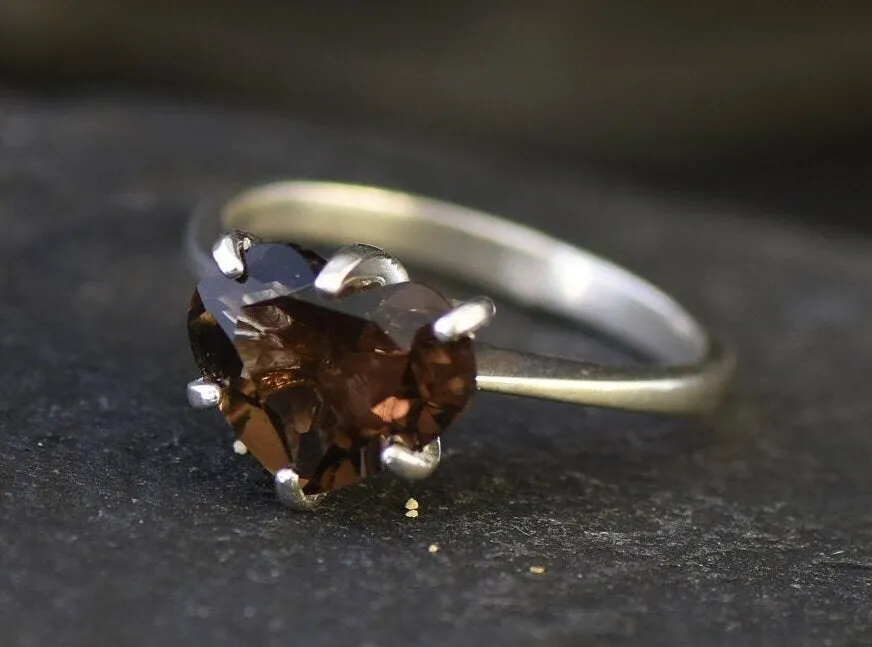 Solitaire Heart Ring - Natural Smoky Topaz, Heart Engagement Ring
