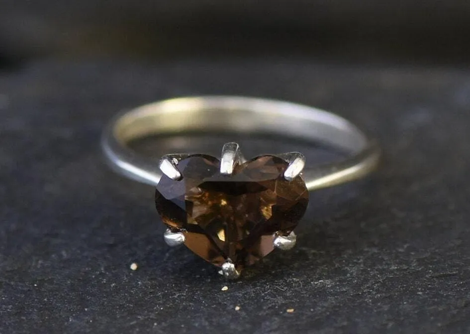 Solitaire Heart Ring - Natural Smoky Topaz, Heart Engagement Ring