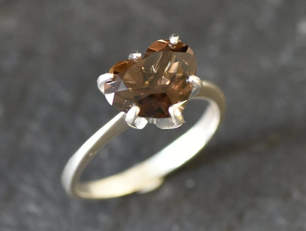 Solitaire Heart Ring - Natural Smoky Topaz, Heart Engagement Ring