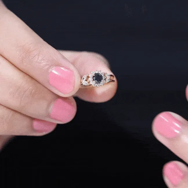 Split Shank Created Black Diamond Flower Ring with Diamond Accent