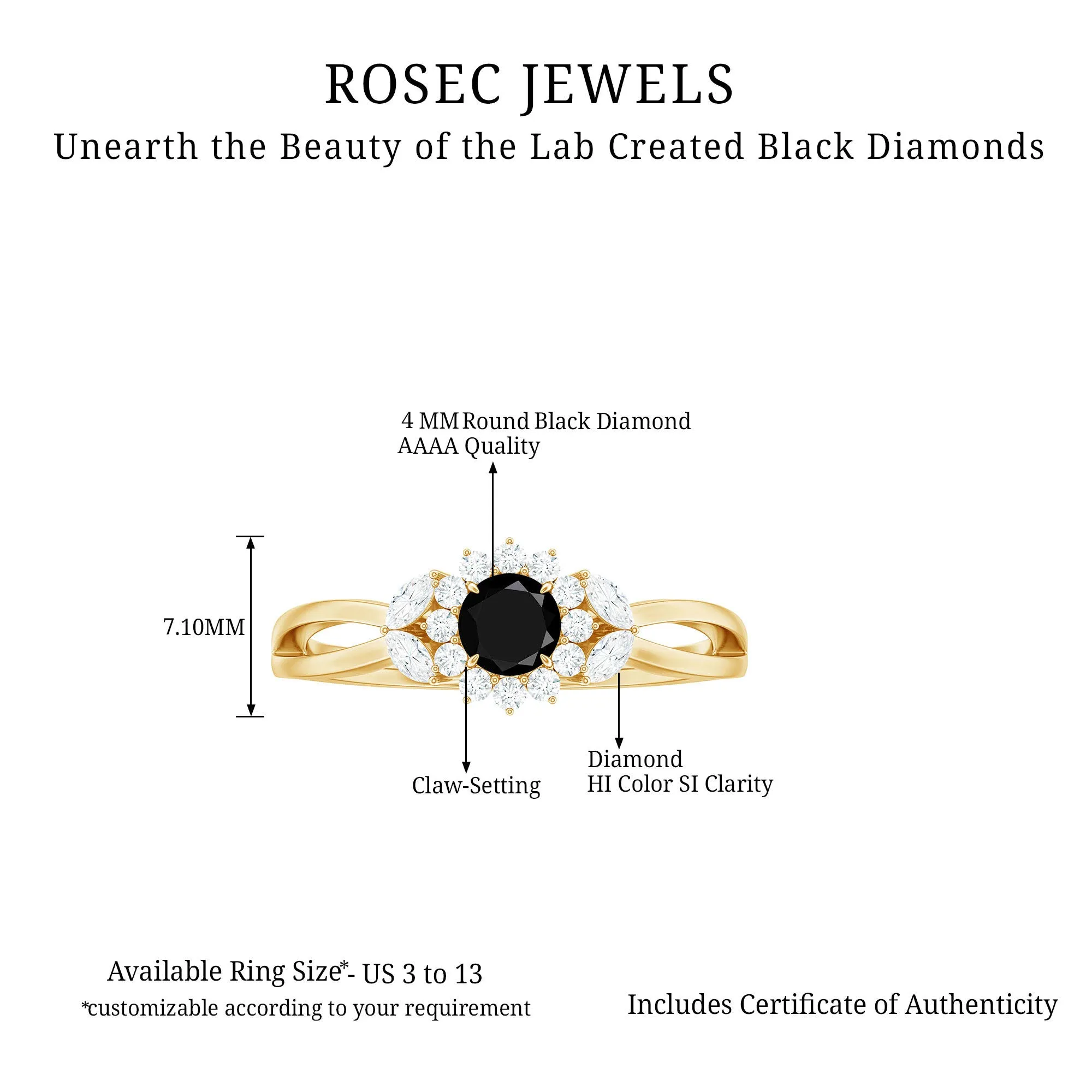 Split Shank Created Black Diamond Flower Ring with Diamond Accent