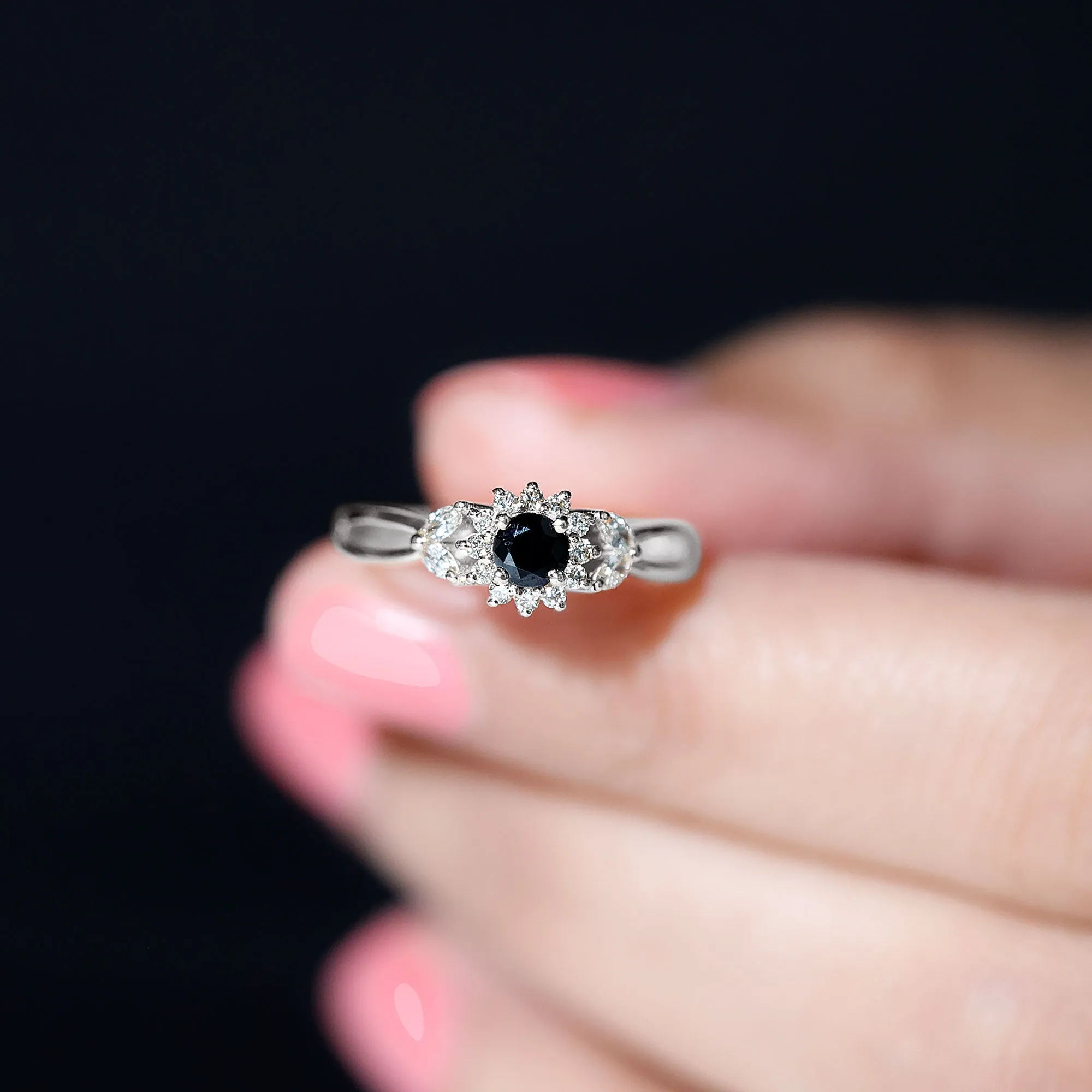 Split Shank Created Black Diamond Flower Ring with Diamond Accent
