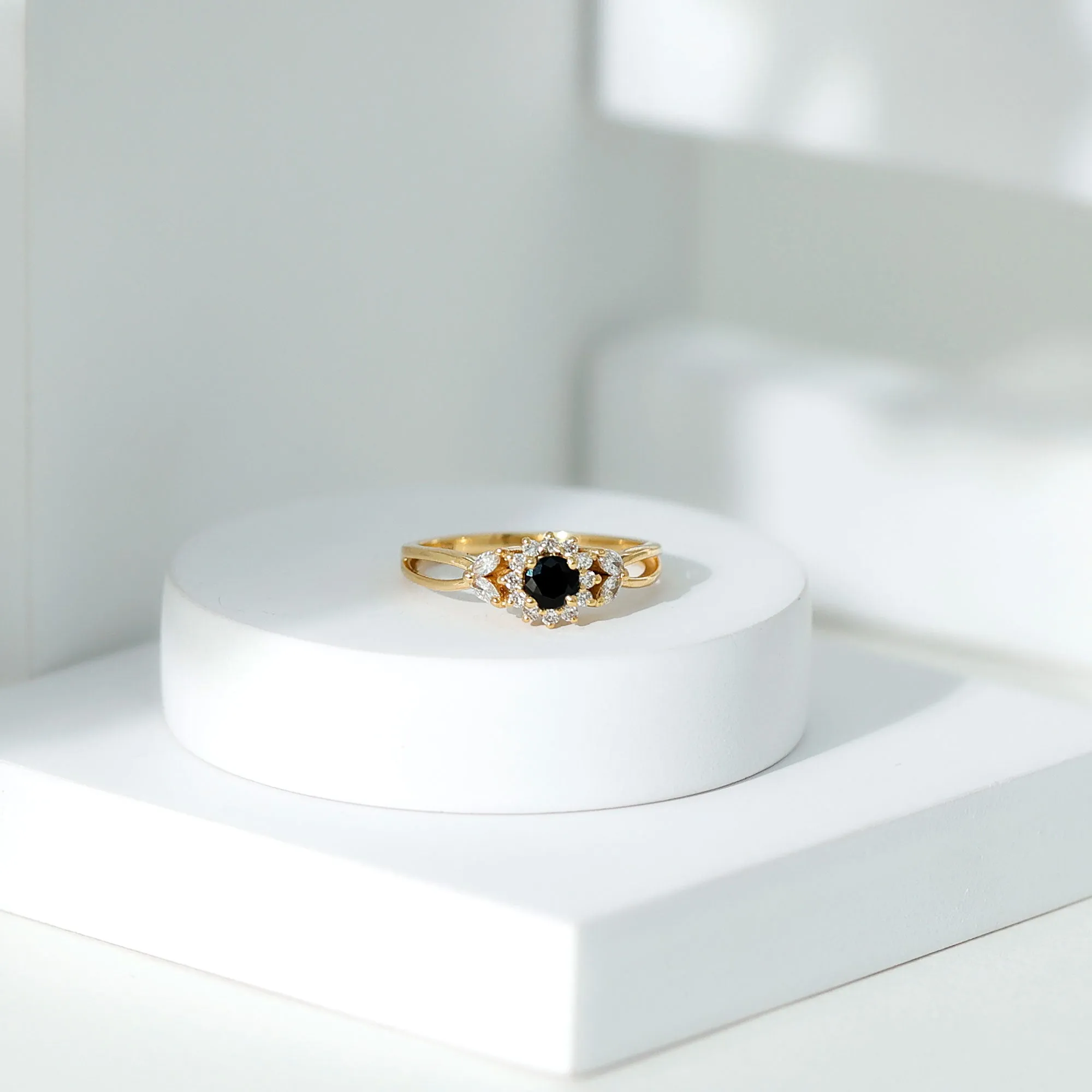 Split Shank Created Black Diamond Flower Ring with Diamond Accent