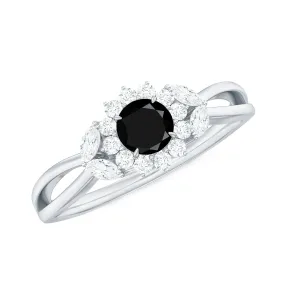 Split Shank Created Black Diamond Flower Ring with Diamond Accent