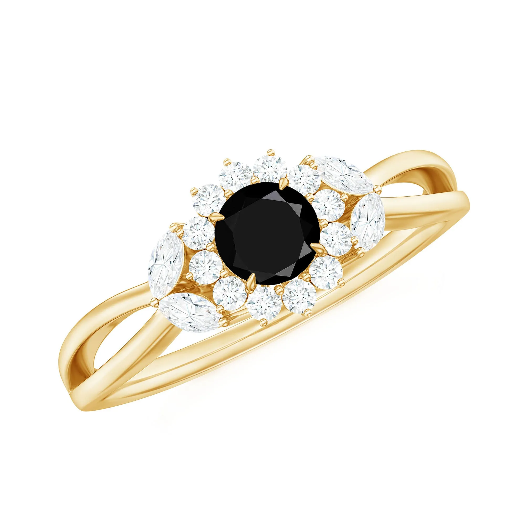 Split Shank Created Black Diamond Flower Ring with Diamond Accent