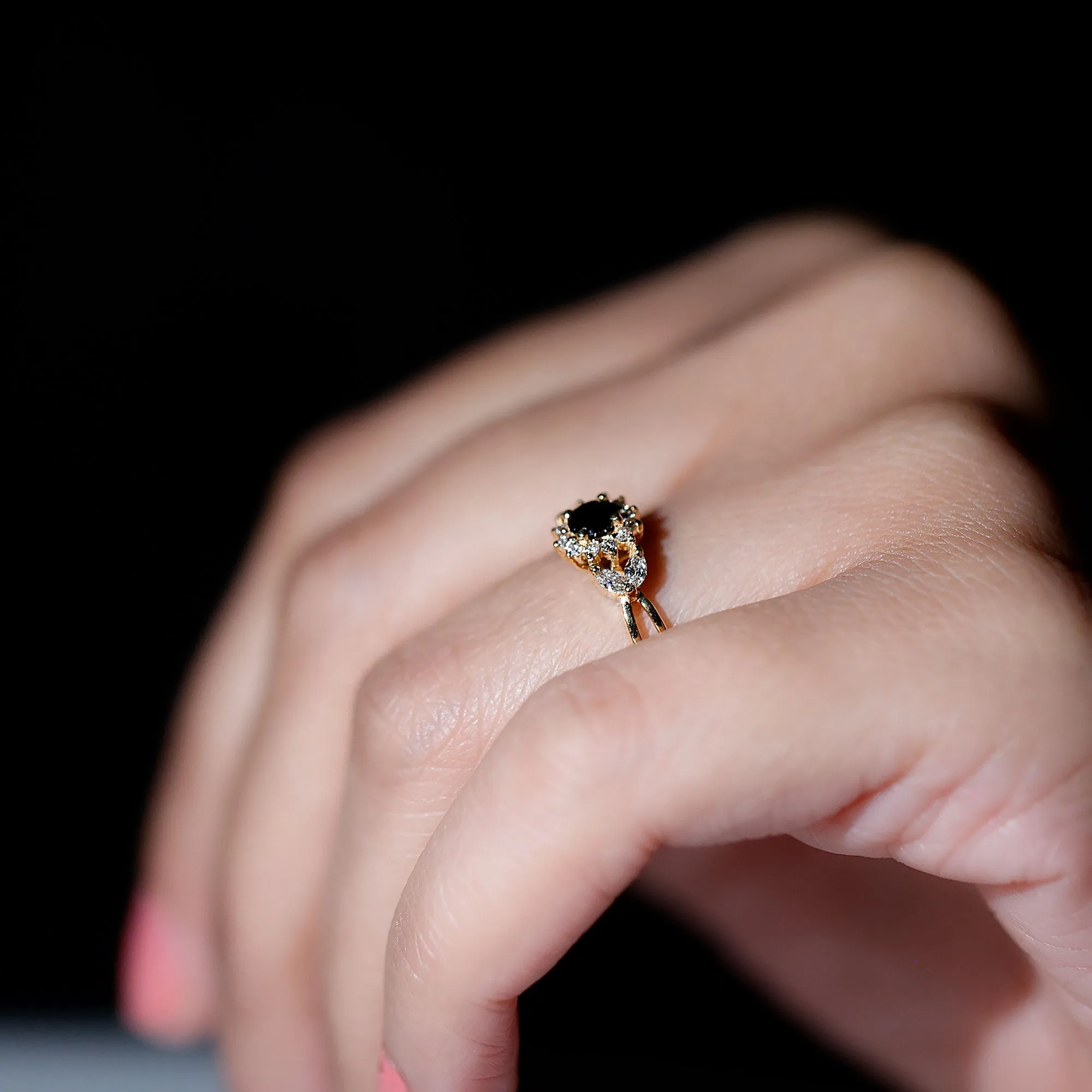Split Shank Created Black Diamond Flower Ring with Diamond Accent