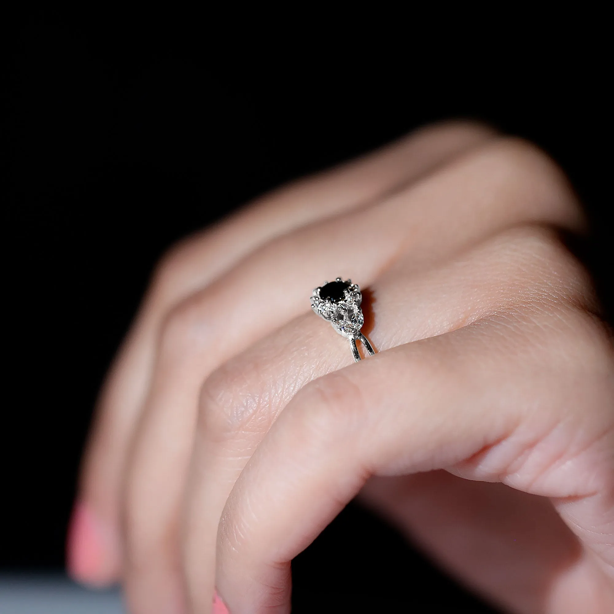 Split Shank Created Black Diamond Flower Ring with Diamond Accent