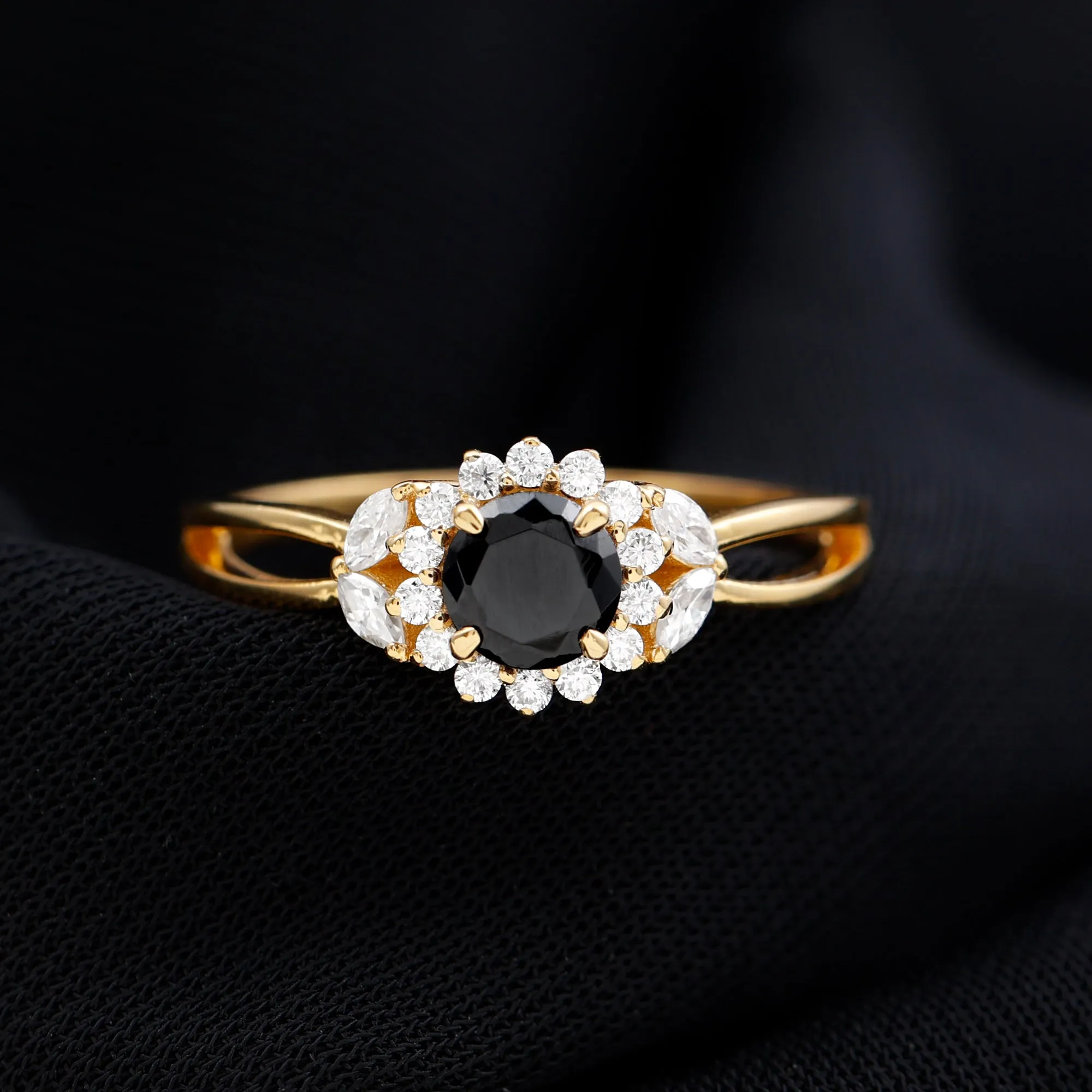 Split Shank Created Black Diamond Flower Ring with Diamond Accent