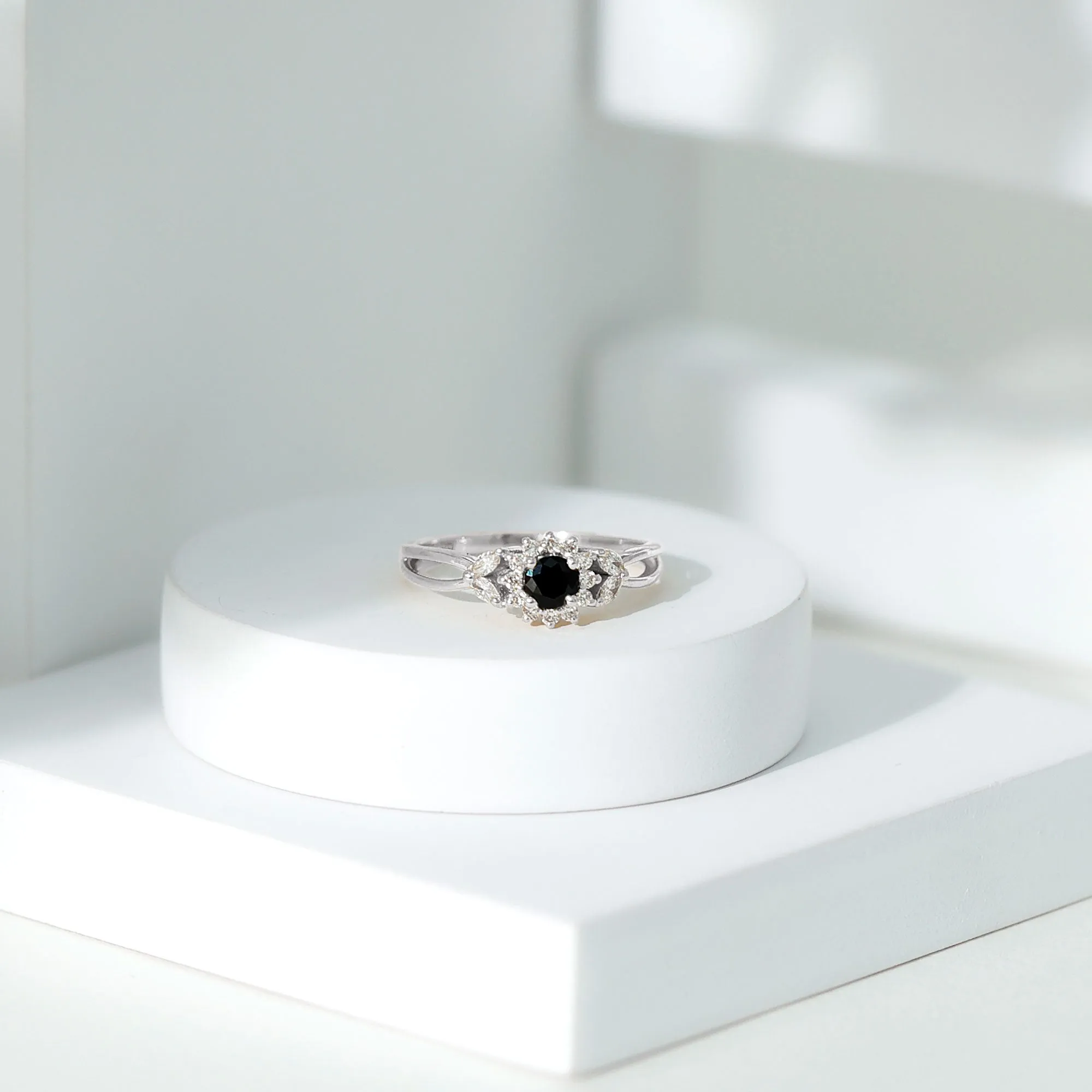 Split Shank Created Black Diamond Flower Ring with Diamond Accent