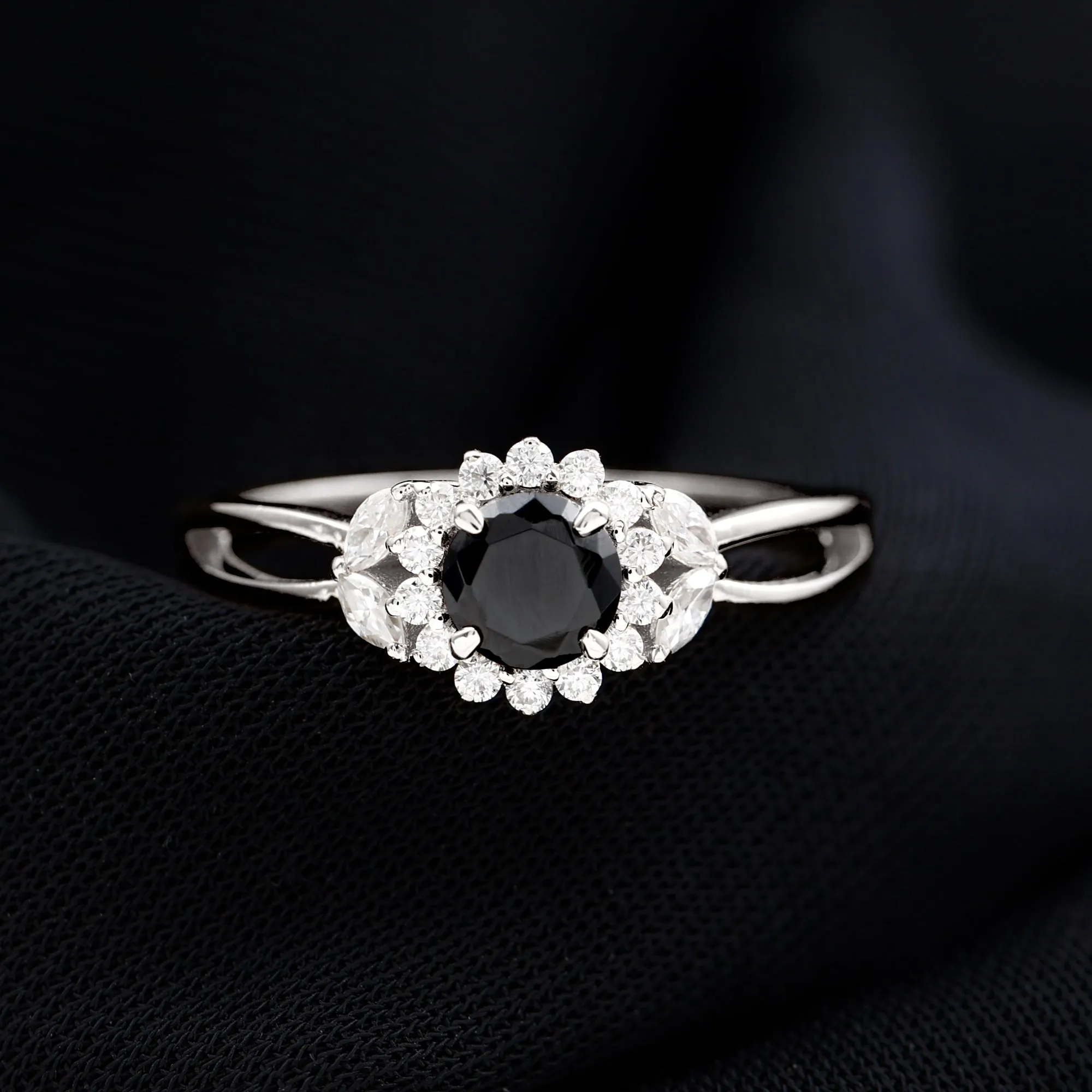 Split Shank Created Black Diamond Flower Ring with Diamond Accent