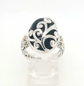 Sterling Silver and 18KY Oval Black Chalcedony "Silver Fern Ring"