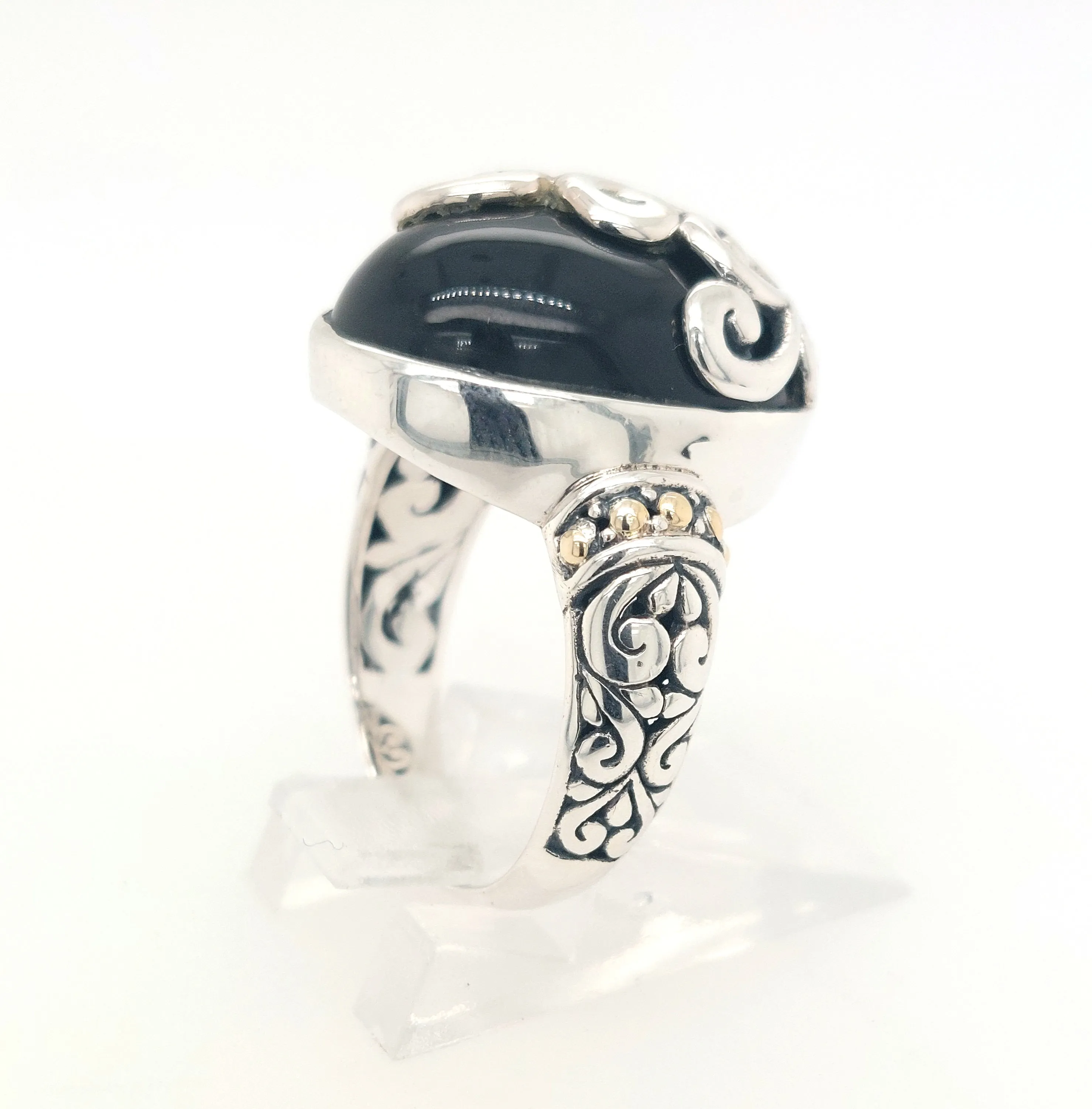 Sterling Silver and 18KY Oval Black Chalcedony "Silver Fern Ring"