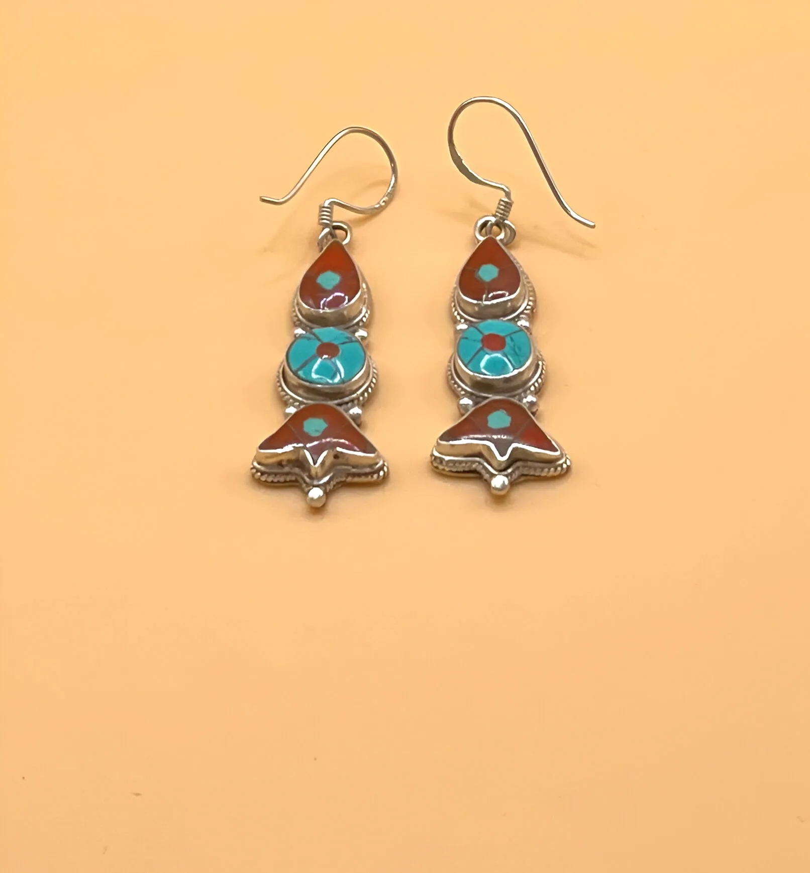Sterling Silver Gemstone Coral and Turquoise Tibetan Inlay Earrings