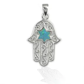 Sterling Silver Opal Jewish Star Hamsa Pendant