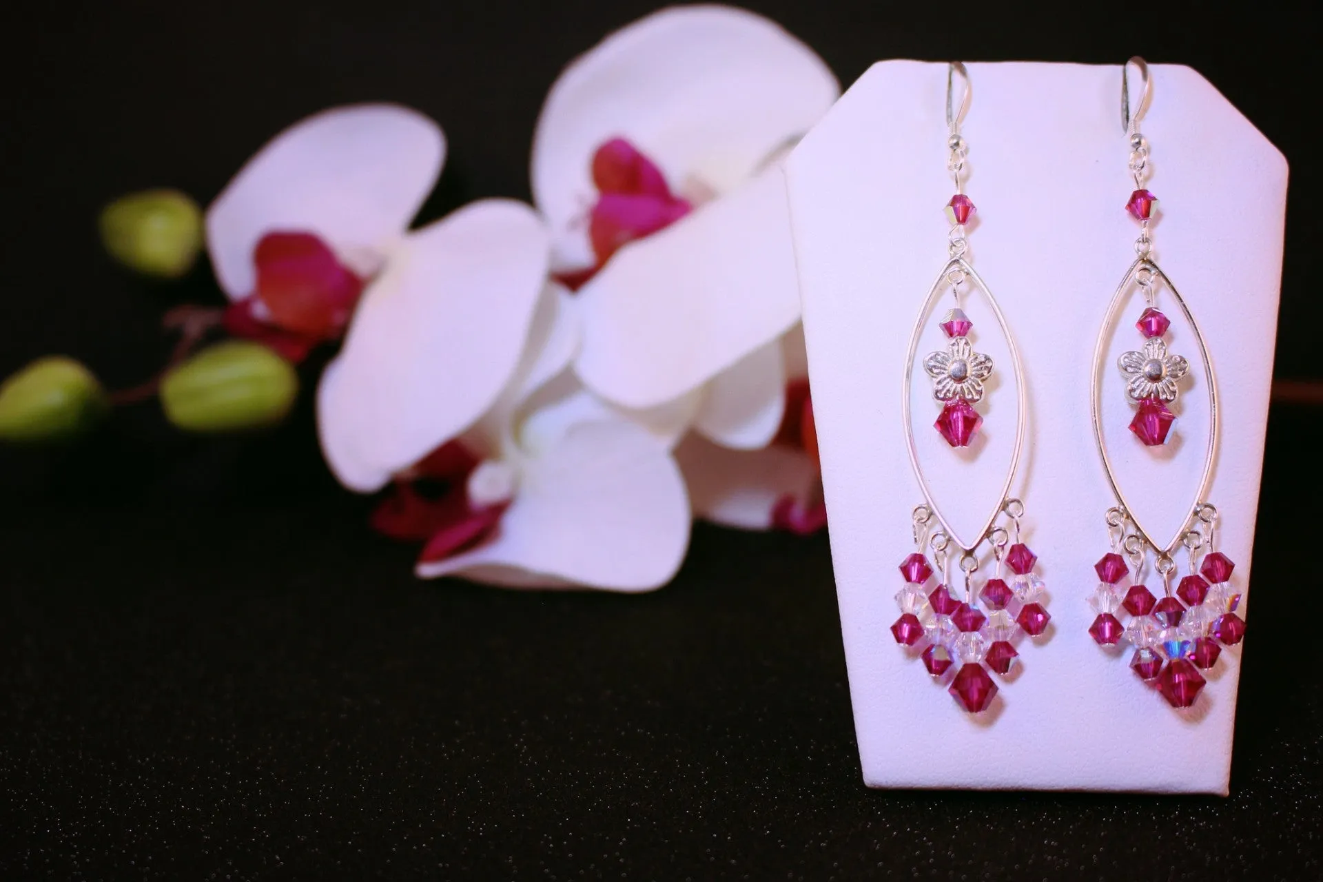 Swarovski Crystal In Fuchsia, Sterling Silver Chandelier Earrings