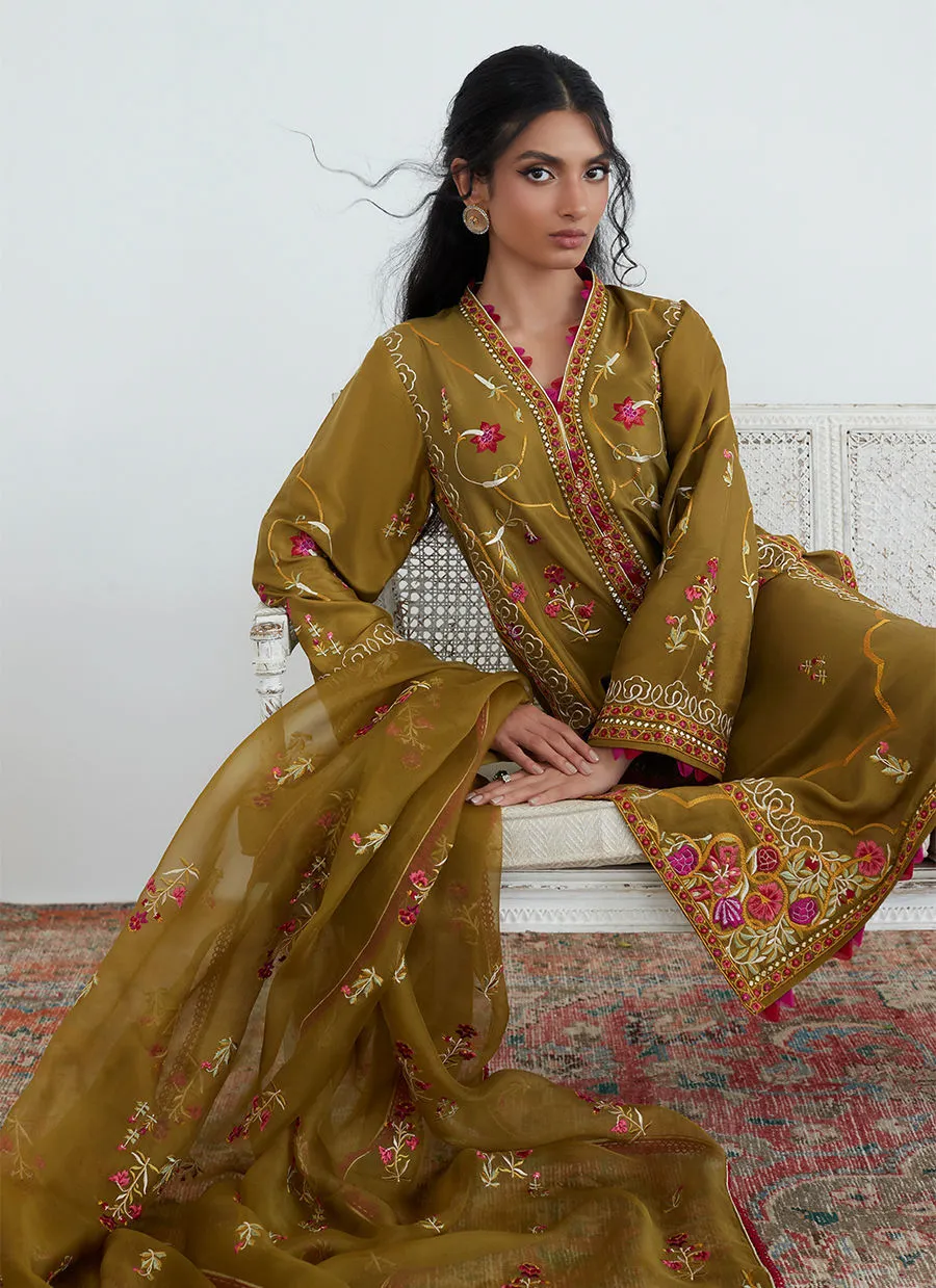 Tara Collection 23 - Moss Olive Embroidered Shirt With Organza Dupatta