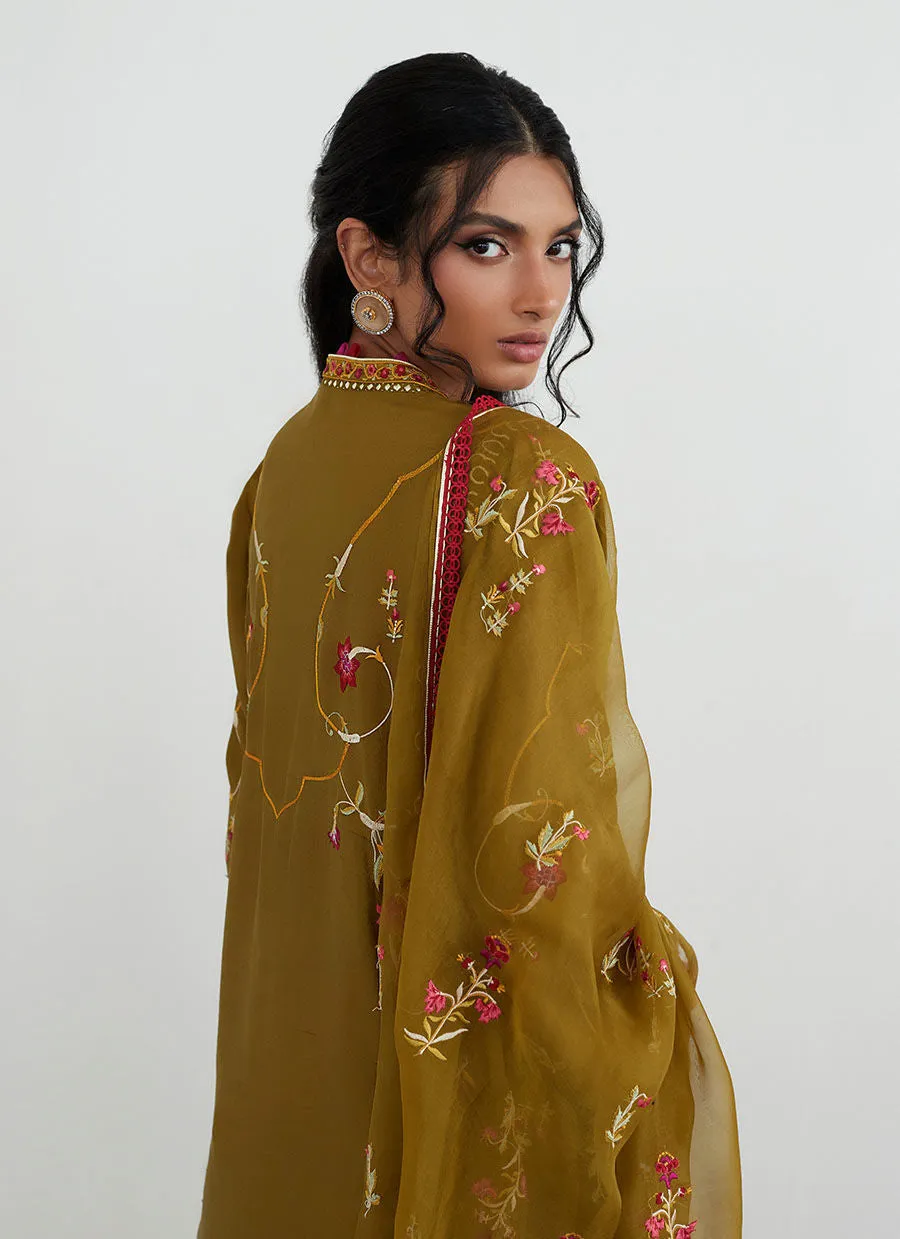 Tara Collection 23 - Moss Olive Embroidered Shirt With Organza Dupatta