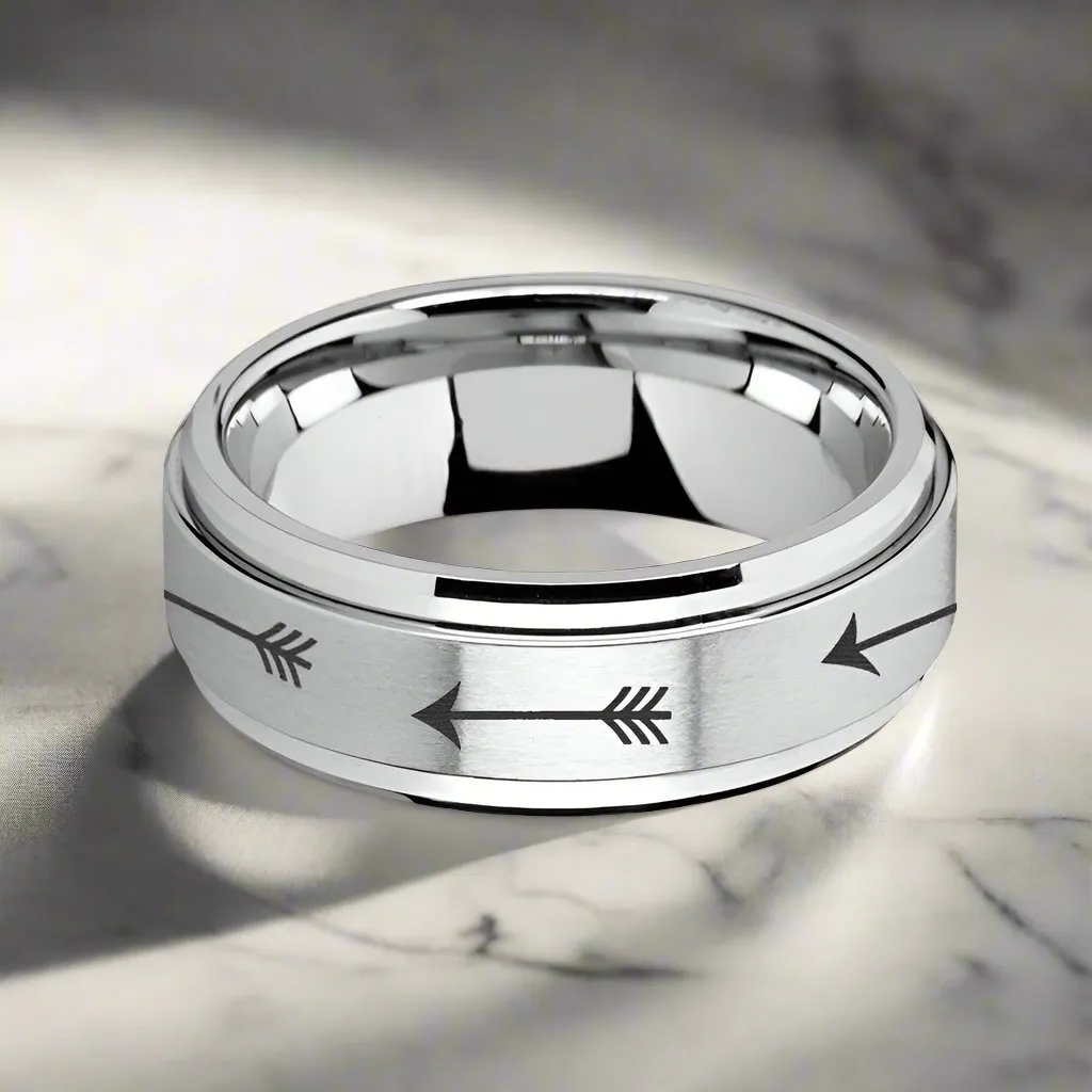 TARGET | Silver Tungsten Ring, Fidget Spinner, Laser Engraved Arrows, Beveled