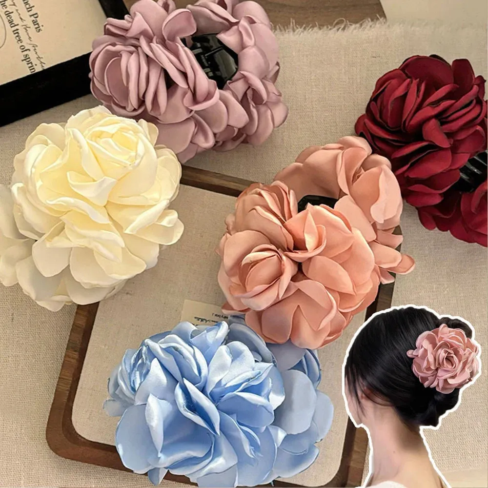 TAVIMART  -  Fashion Boho Satin Rose Flower Large Hair Claw Clip For Women Spring Summer Beach Trendy Design Korean Colored Hairpin Headdress