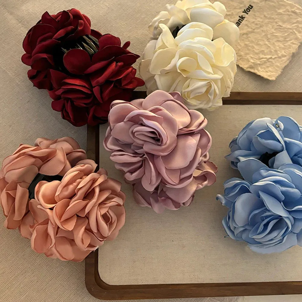 TAVIMART  -  Fashion Boho Satin Rose Flower Large Hair Claw Clip For Women Spring Summer Beach Trendy Design Korean Colored Hairpin Headdress
