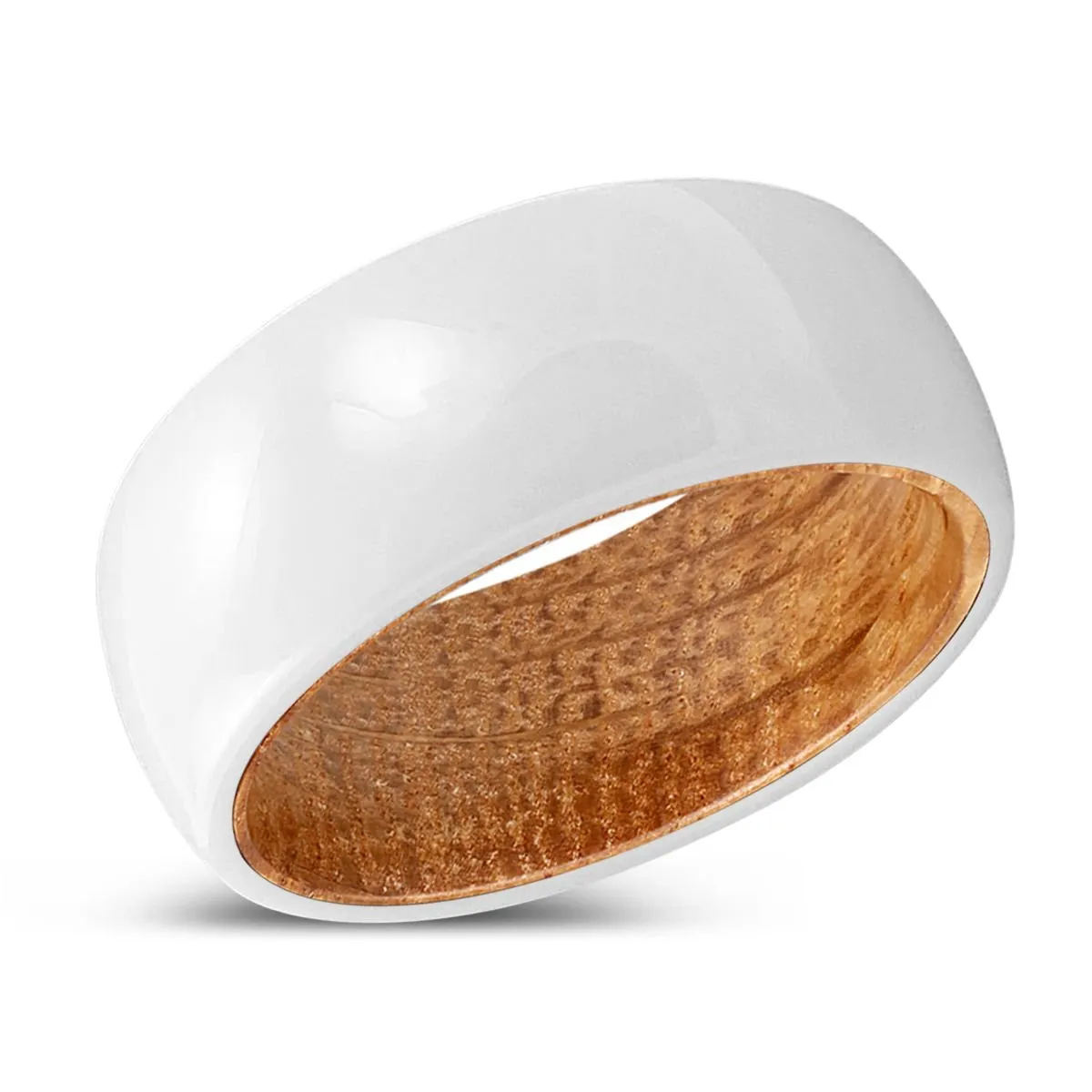 THRIVE | Whiskey Barrel Wood, White Ceramic Ring, Domed