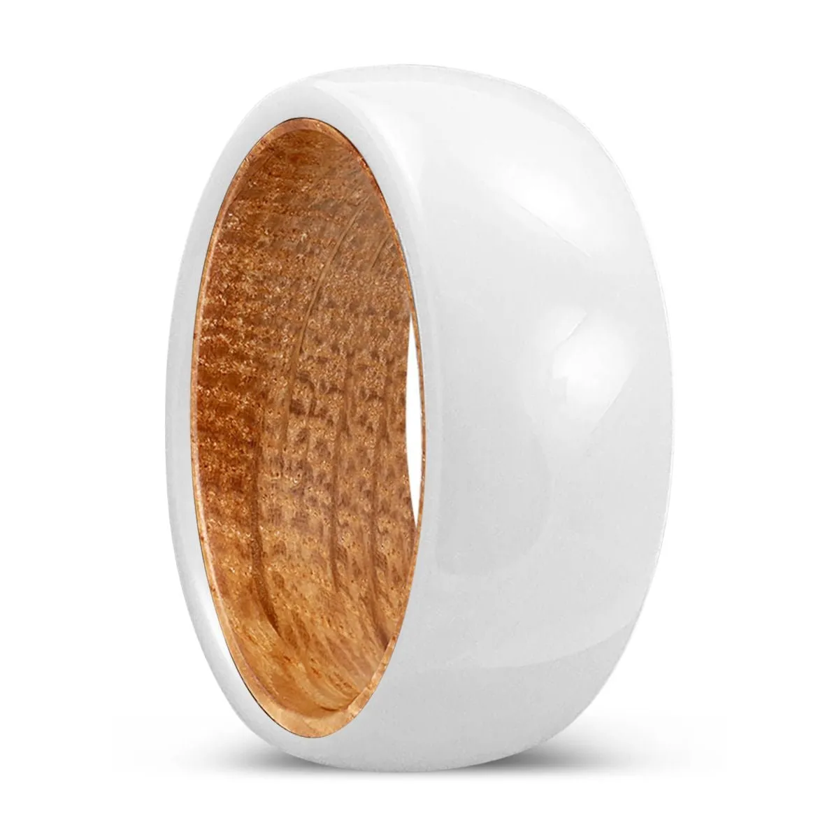 THRIVE | Whiskey Barrel Wood, White Ceramic Ring, Domed