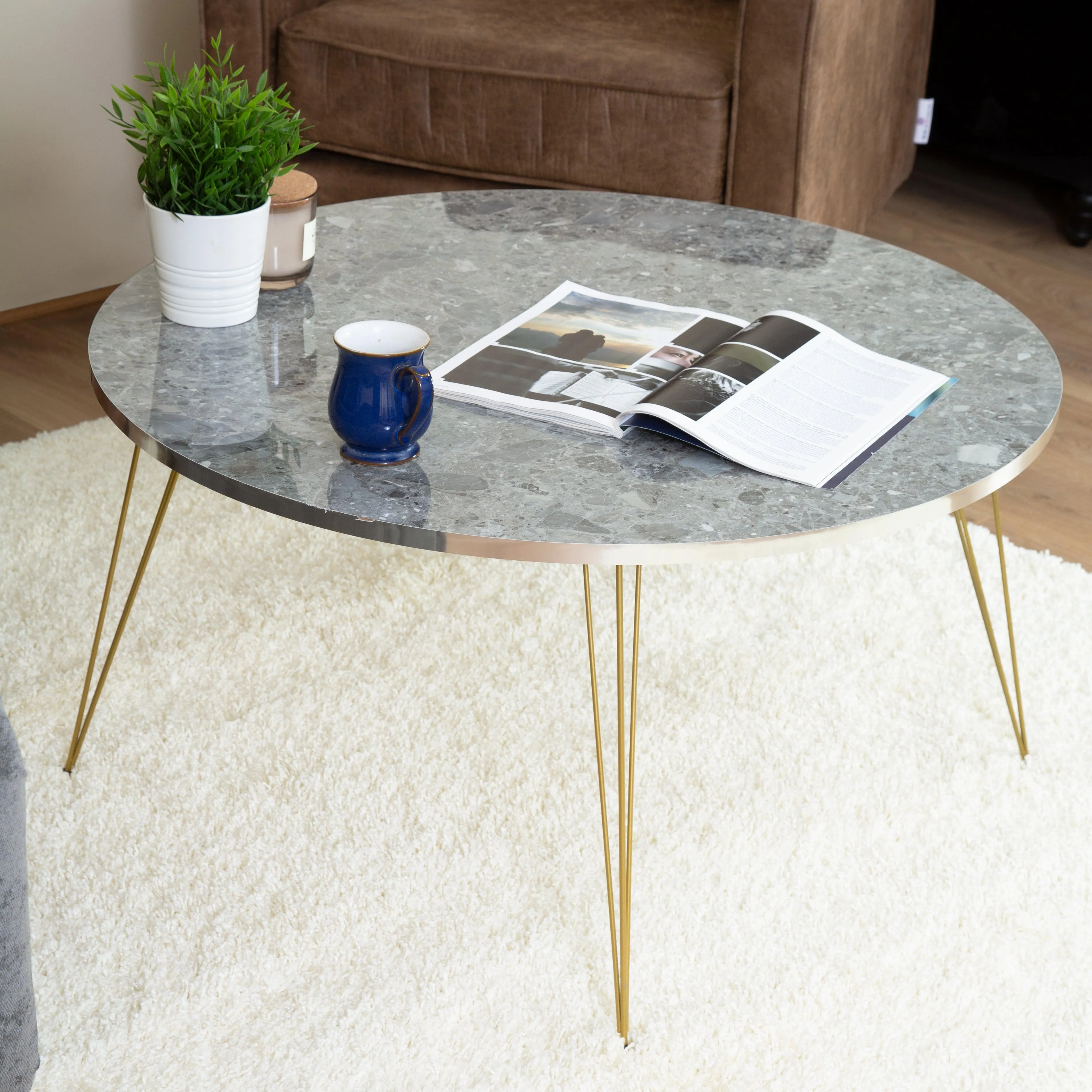 Tigris Round Coffee Table - Grey Marble & Metallic