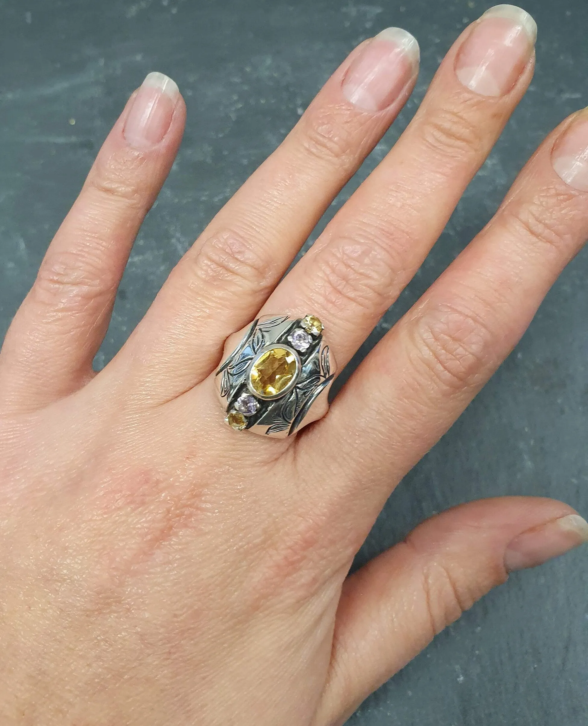 Tribal Citrine Ring - Genuine Citrine Ring - Yellow Purple Boho Band