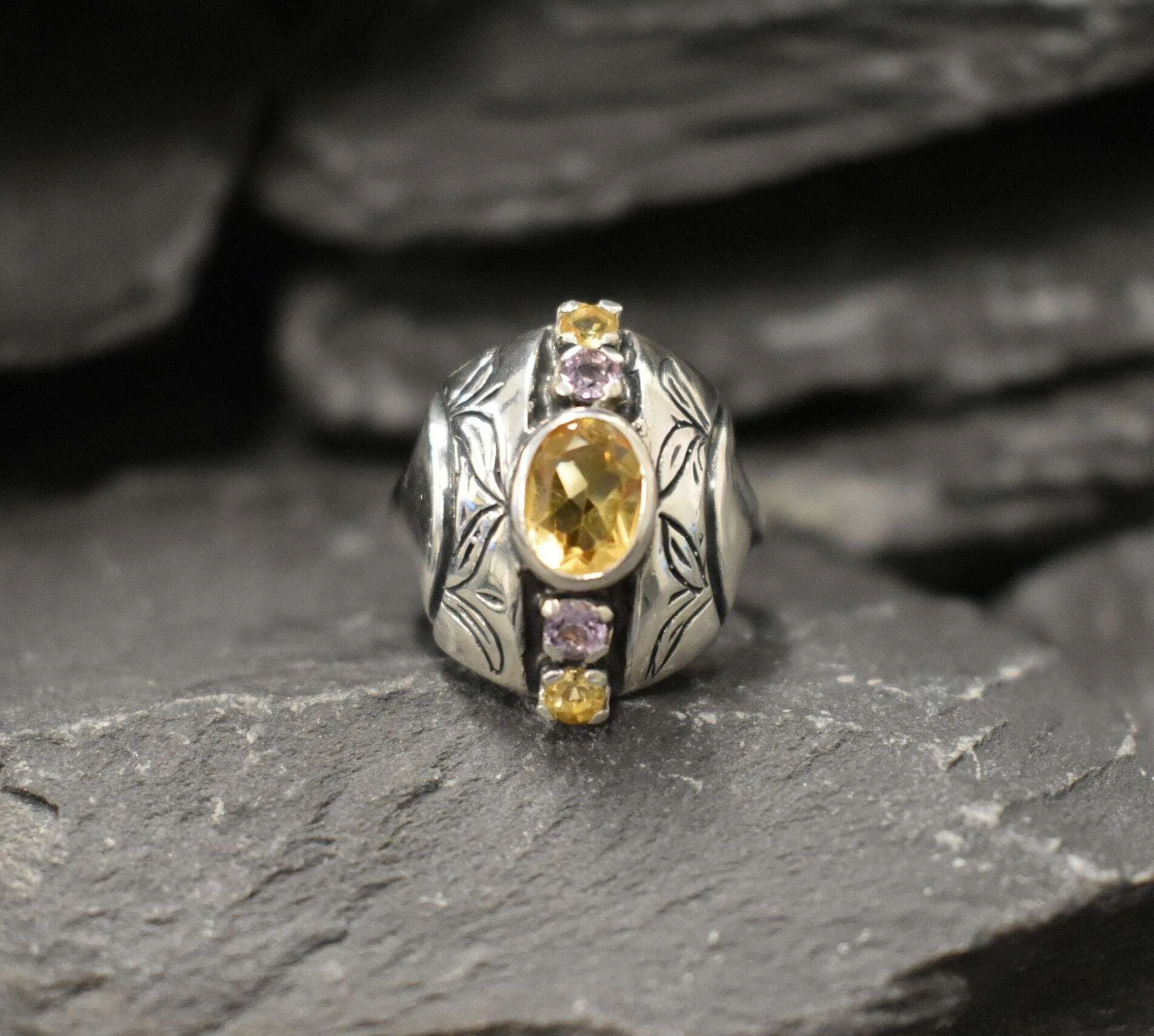 Tribal Citrine Ring - Genuine Citrine Ring - Yellow Purple Boho Band