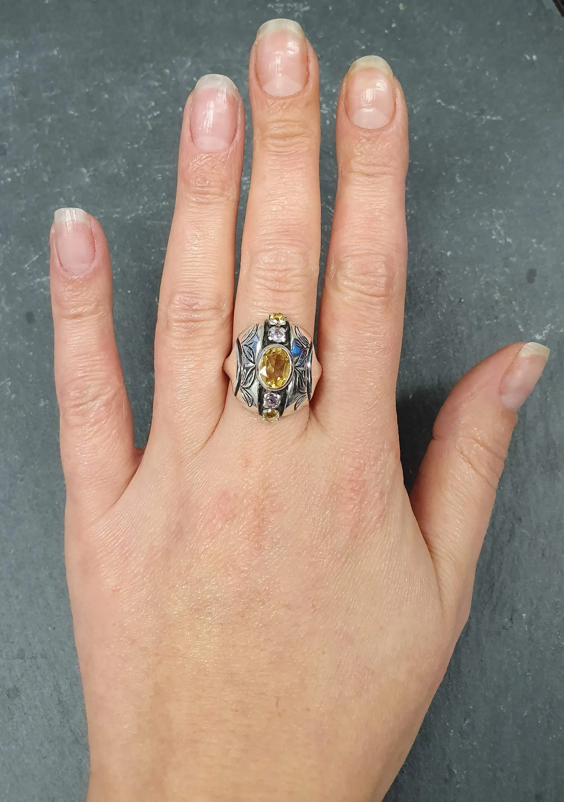 Tribal Citrine Ring - Genuine Citrine Ring - Yellow Purple Boho Band