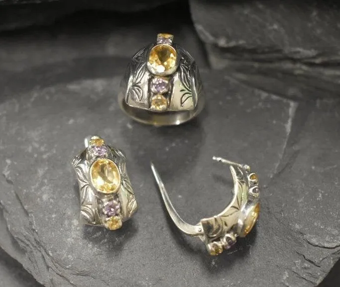 Tribal Citrine Ring - Genuine Citrine Ring - Yellow Purple Boho Band