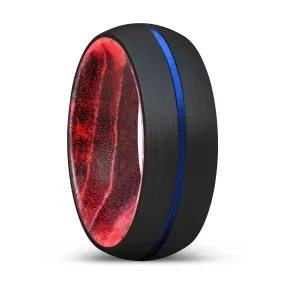 TRYSTAN | Black & Red Wood, Black Tungsten Ring, Blue Groove, Domed