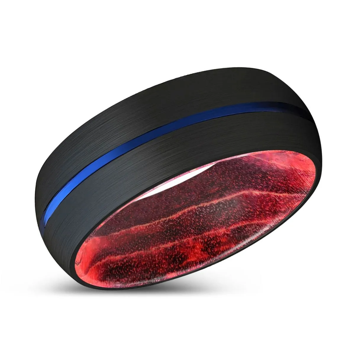 TRYSTAN | Black & Red Wood, Black Tungsten Ring, Blue Groove, Domed