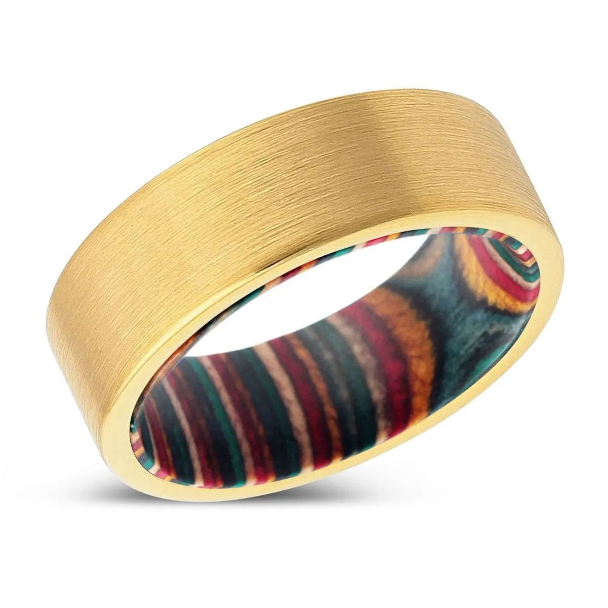 TRYXON | Multi Color Wood, Gold Tungsten Ring, Brushed, Flat