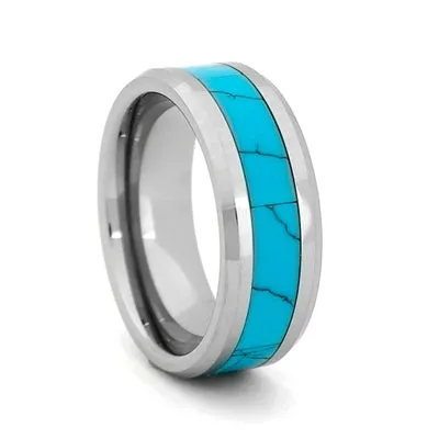 Tungsten Carbide Wedding Ring With Turquoise Inlay, Size 10  (93613)