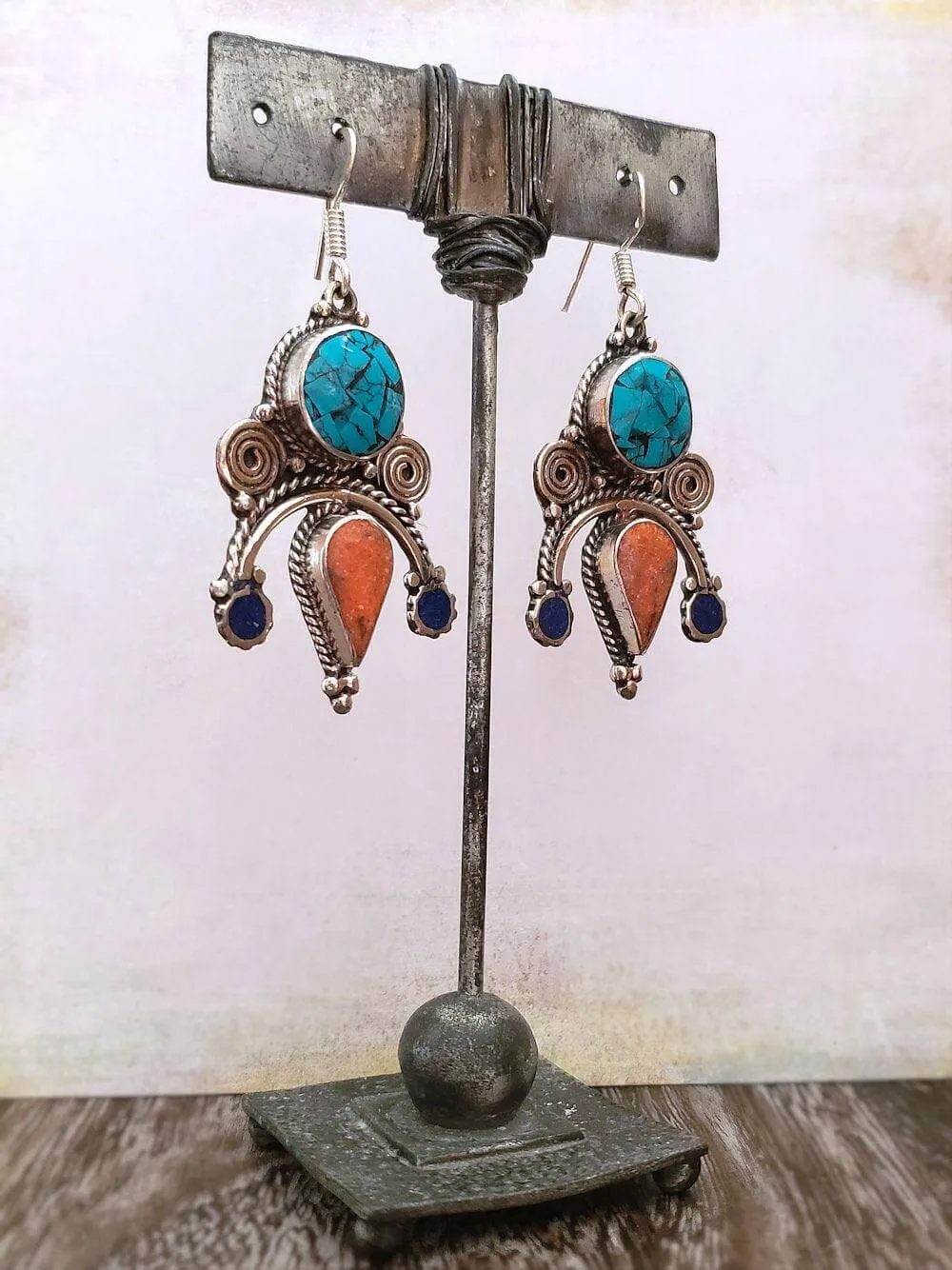 Turquoise and Coral Earrings - Tibetan Style