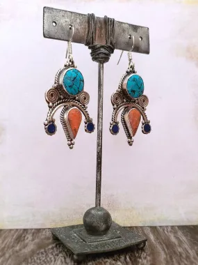 Turquoise and Coral Earrings - Tibetan Style
