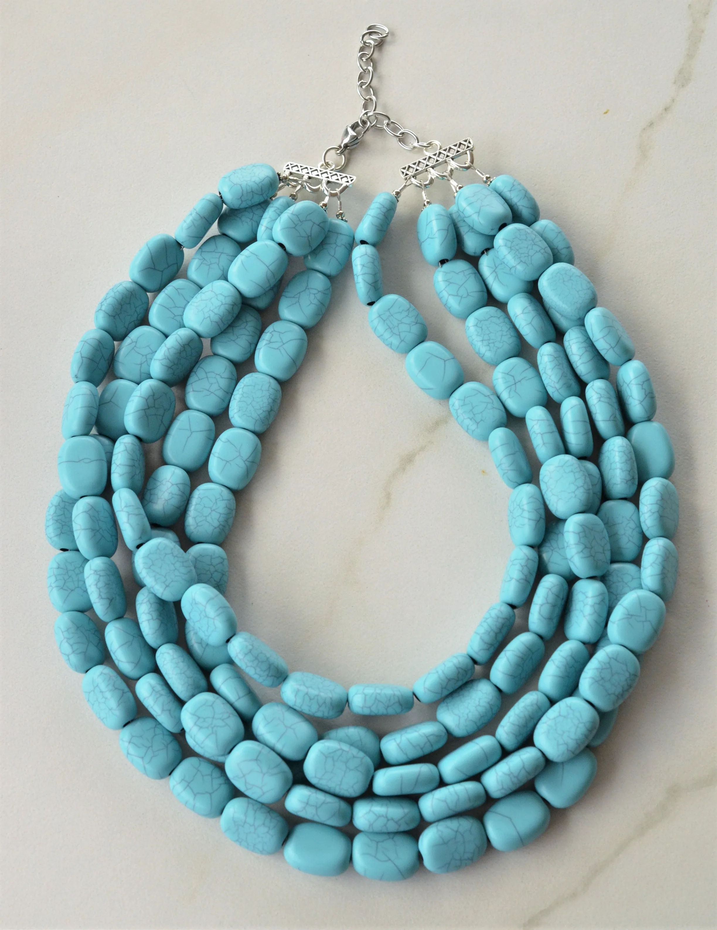 Turquoise Blue Lucite Acrylic Beaded Chunky Multi Strand Statement Necklace - Lauren