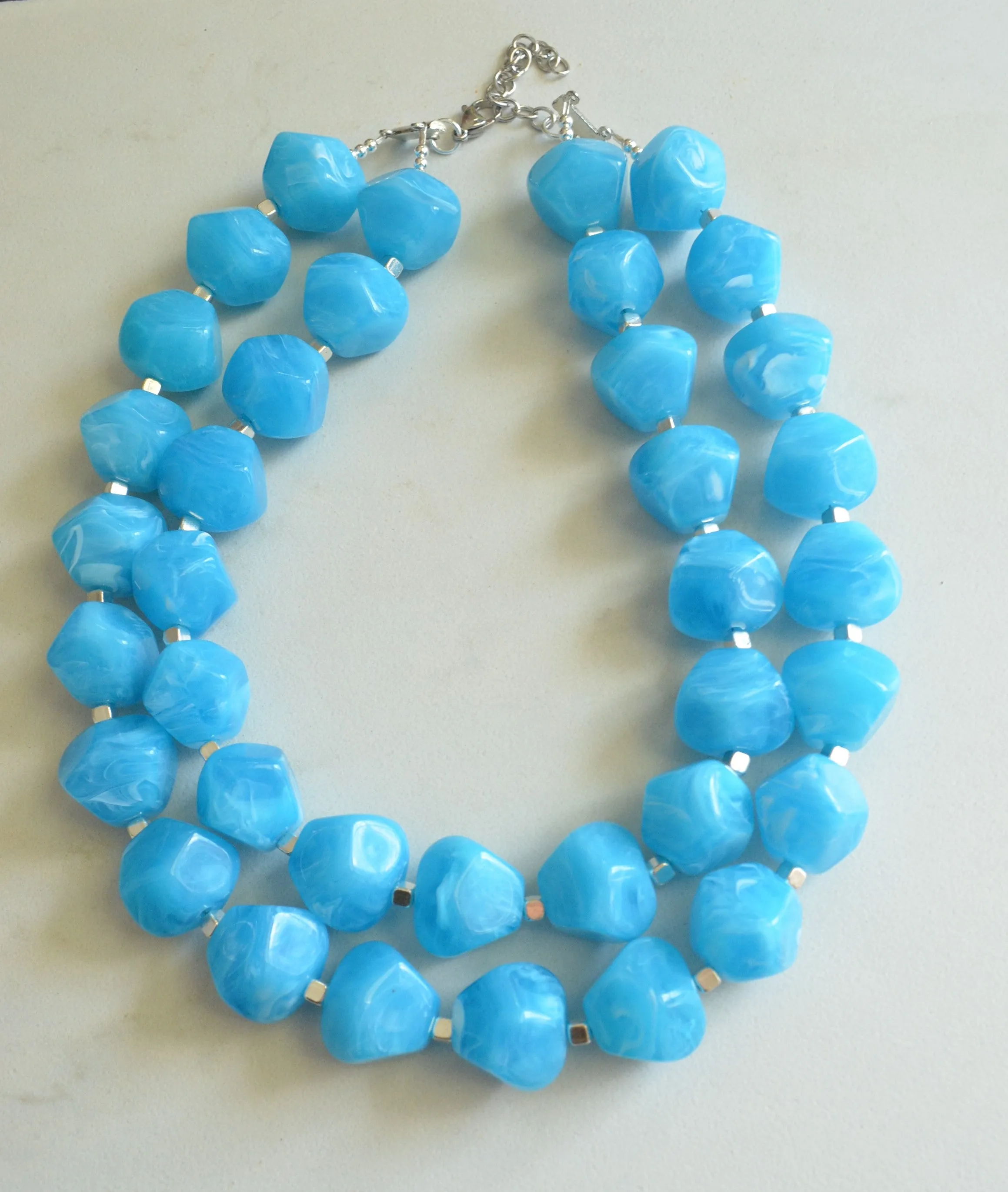 Turquoise Blue Lucite Chunky Beaded Multi strand Acrylic Statement Necklace - Ashley