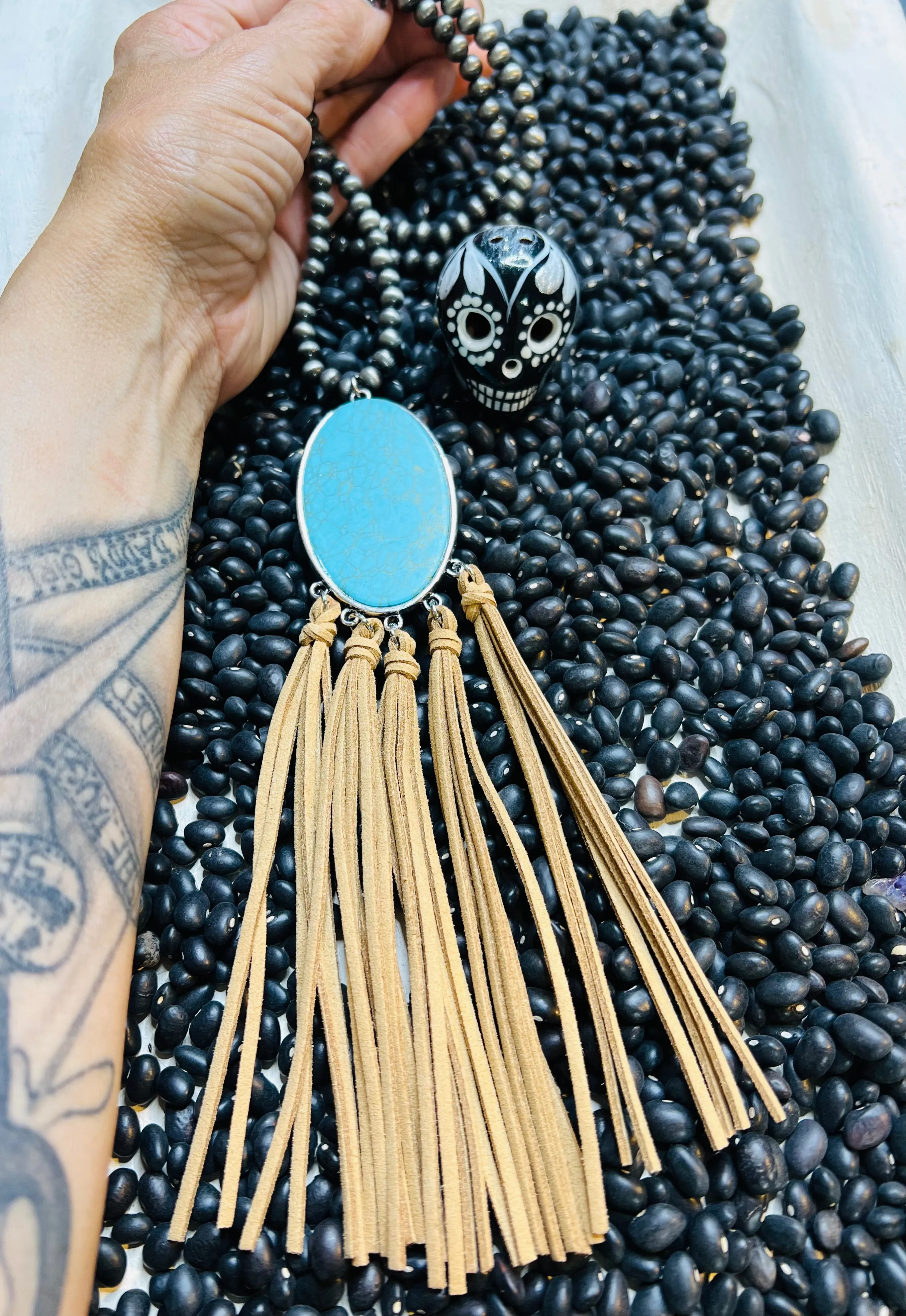 Turquoise Leather Fringe Necklace