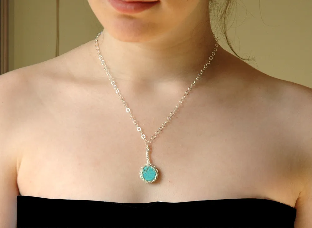 Turquoise pendant necklace , small turquoise coin crocheted in gold