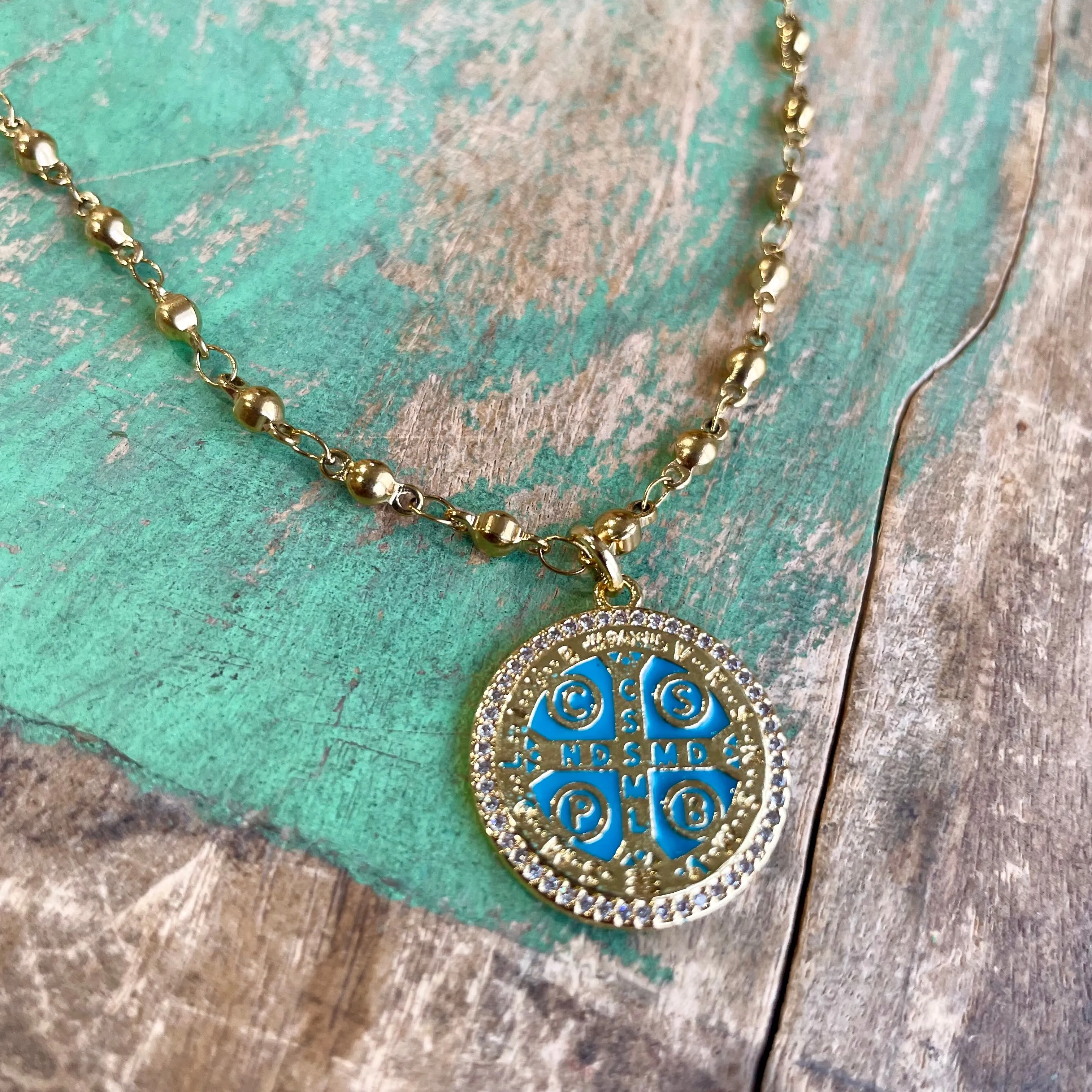 Turquoise St Benedict Ball Chain Necklace