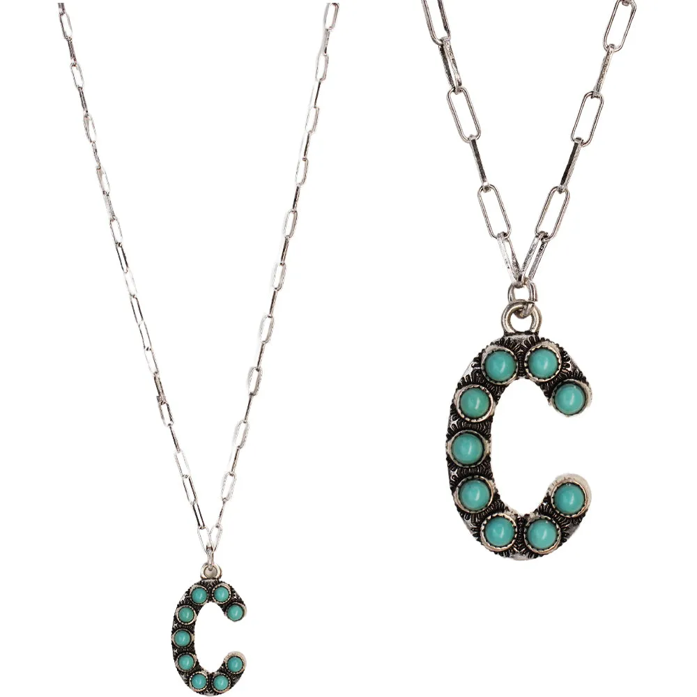 Turquoise Stone Initial "C" Pendant & Link Chain Necklace
