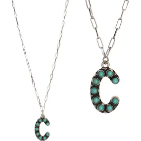 Turquoise Stone Initial "C" Pendant & Link Chain Necklace