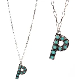Turquoise Stone Initial "P" Pendant & Chain Link Necklace